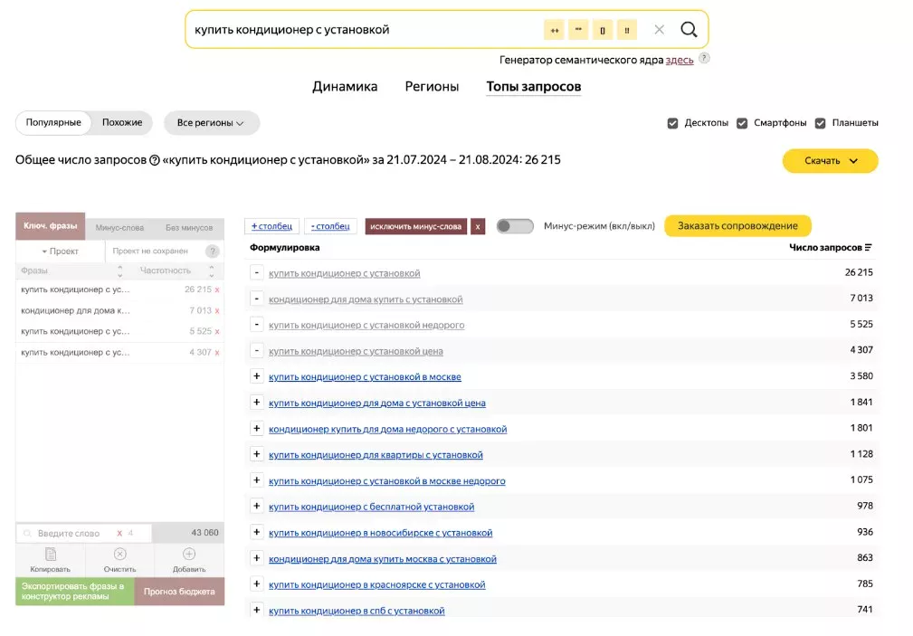 анализ запросов в Вордстат