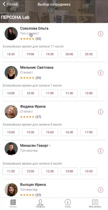 Рейтинги специалистов сайта салона красоты 'Персона' 