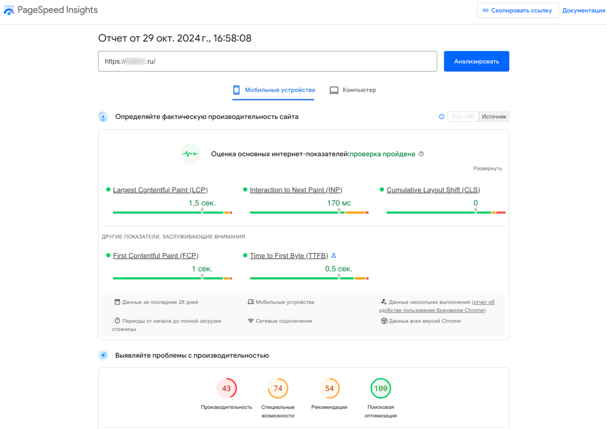 Анализ скорости загрузки в PageSpeed Insights